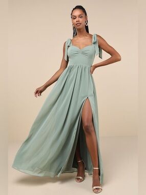 Lulus Radiant Charisma Sage Brush Chiffon Ruched Tie-Strap Maxi Dress Size M